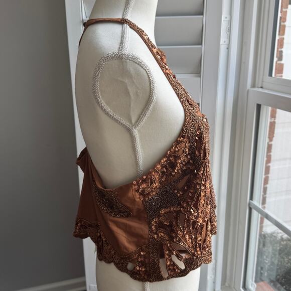 MAEVE by Anthropologie Top Size L Brown Embellished Cutwork Cross Back Tank NWT - Picture 4 of 16